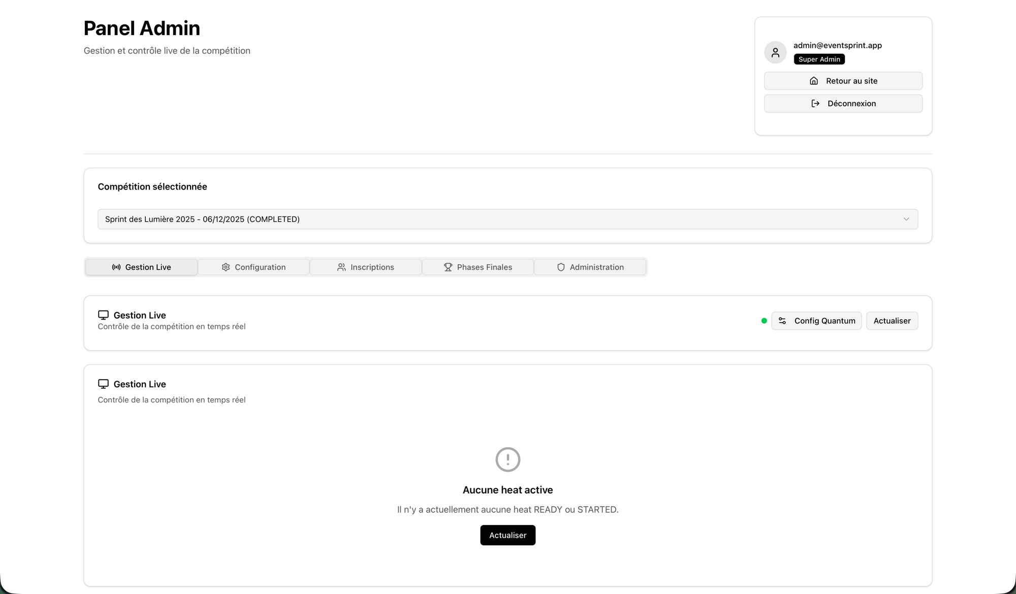 Le panel admin, gestion et contrôle live de la compétition